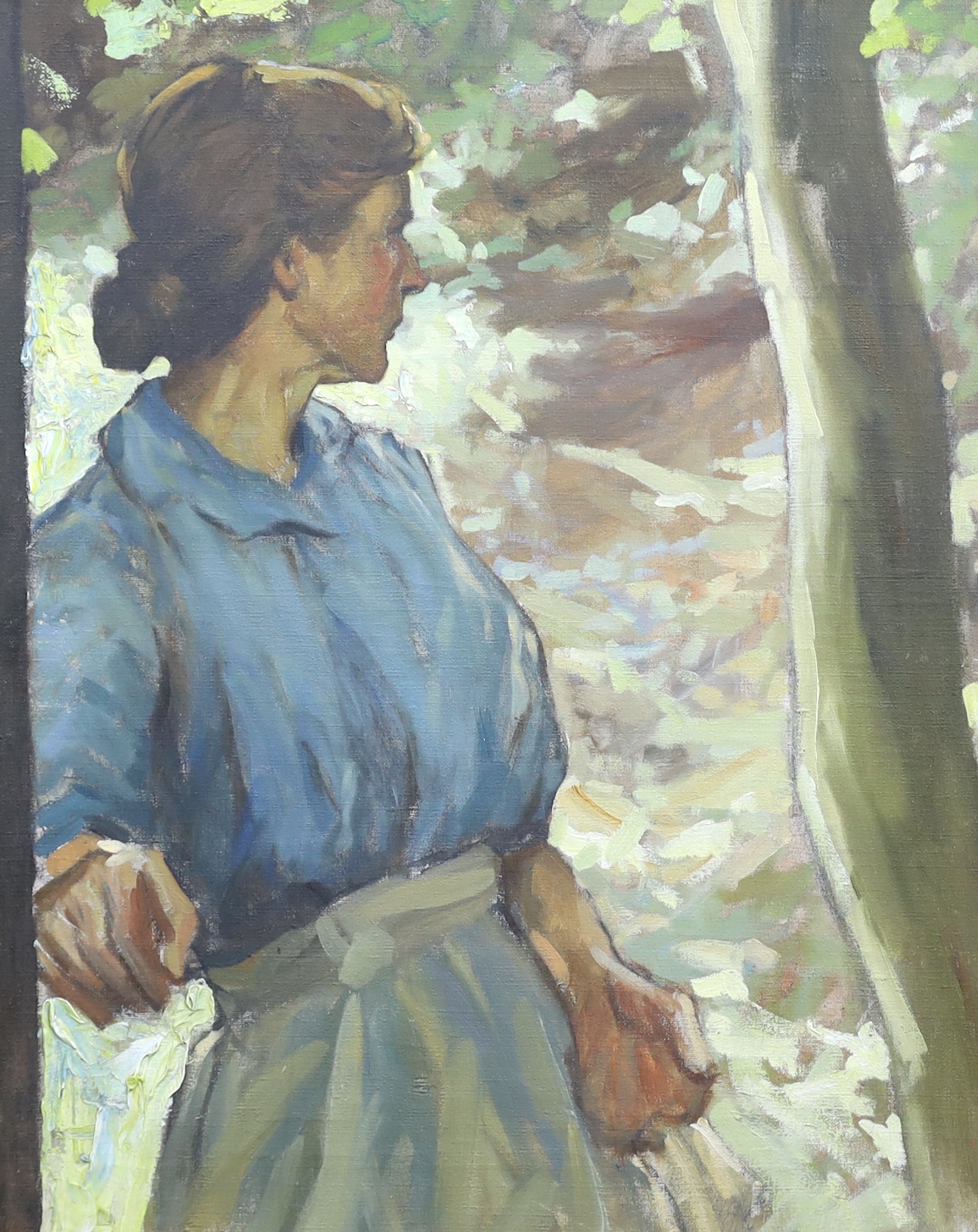 Early 20th century Newlyn School, Woman in woodland, oil on canvas, 75 x 60cm